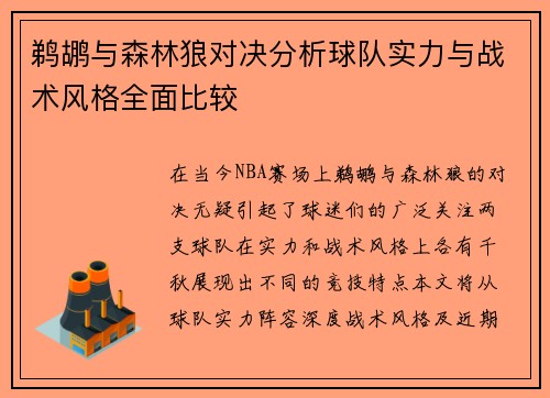 鹈鹕与森林狼对决分析球队实力与战术风格全面比较